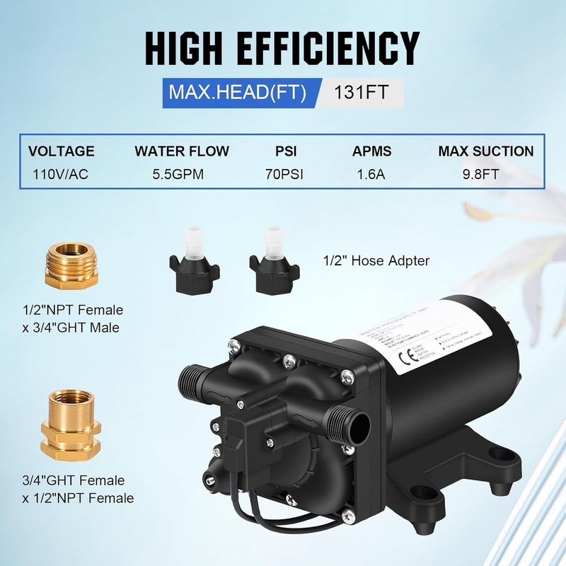 ECO-WORTHY 110V AC Fresh Transfer Diaphragm Water Pump On Demand 5.5GPM 70PSI High Pressure Water Booster Pump 110 Volt with Pressure Switch for Irrigation Garden Hose Sprinkler Home RV - Image 3